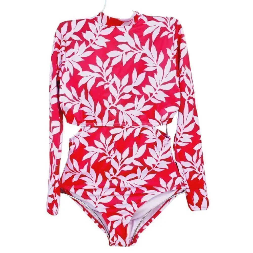 Aqua Tech Womens Monokini Swimsuit Multicolor Floral Long Sleeve High Neck M New